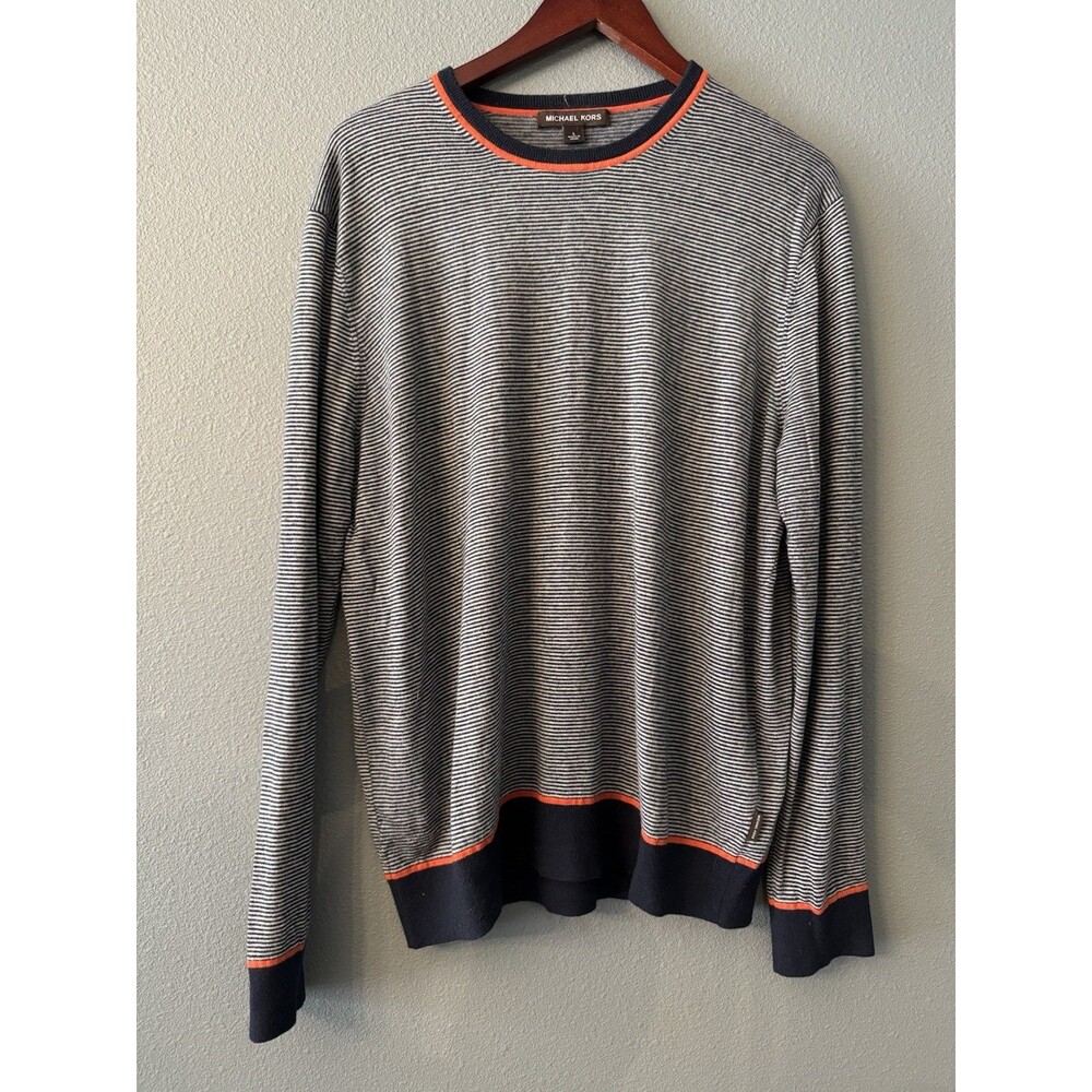 Michael Kors Men's Striped Knit Pullover Sweater — Navy Gray Orange, Size L